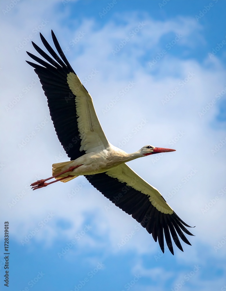 Naklejka premium A white stork in flight against a bright blue sky with fluffy white clouds