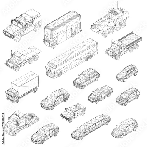 Polygonal wireframe cars and trucks arranged symmetrically on a white background, featuring unique low-poly designs with clearly visible 3D details. Isometric view. 3D