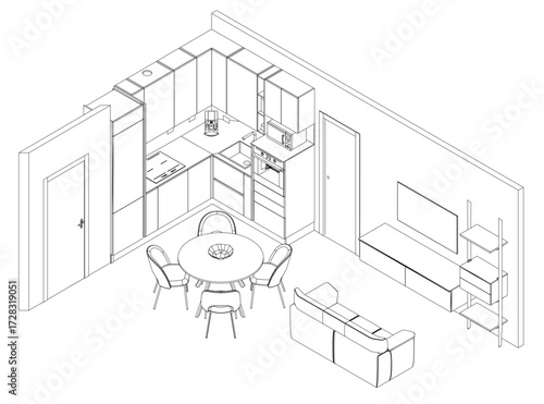 Interior contour drawing of a combined kitchen and living room featuring a dining set, sofa, television, and storage cupboards. Isometric view