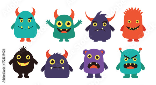 A collection of eight colorful and whimsical cartoon monsters with different expressions and features.