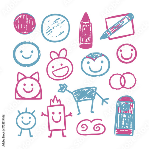 Kids drawing seamless pattern. Childlike sketches in crayon and chalk textures featuring dinosaurs, cats, apples, houses, hearts, suns, clouds, stars, birds, and rockets. Vector background.