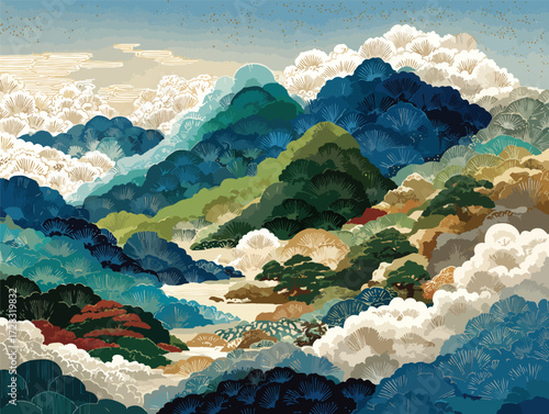 雲海に浮かぶ山々の幻想的な風景、日本の伝統的な水墨画風アート。
