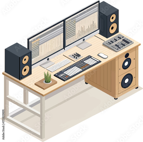 Modern Music Production Studio Setup with Dual Monitors and Audio Equipment