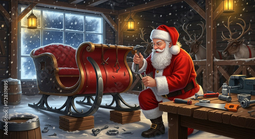 Santa claus repairing his sleigh in his workshop, getting ready for christmas eve and spreading holiday cheer and magic