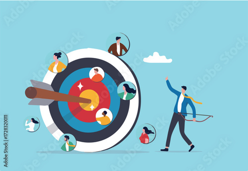 Target audience for advertising, HR finding candidate for job vacancy, finding customer or client, people focus group research concept, businessman shooting bow on people target bullseye