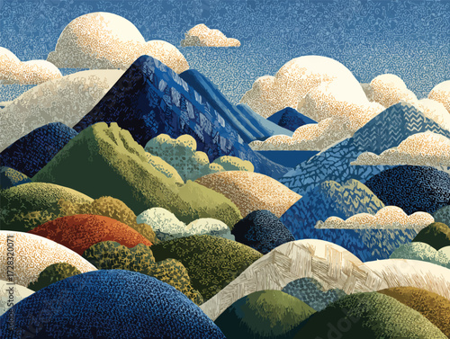 青い空と白い雲に囲まれた、色彩豊かな山々の幻想的な風景画。