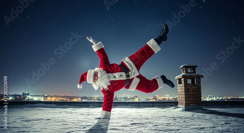 Santa claus is breakdancing on the roof with chimney and city lights in the background at night, celebrating christmas with a modern twist