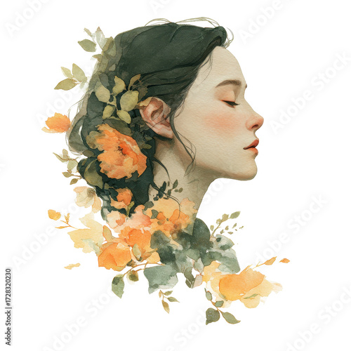 Watercolor portrait of a woman with flowers in her hair, isolated on transparent background