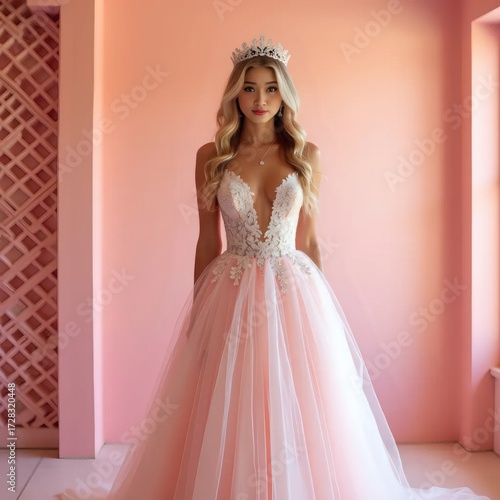 Wallpaper Mural A woman in a pink wedding dress standing in front of a pink wall. Torontodigital.ca