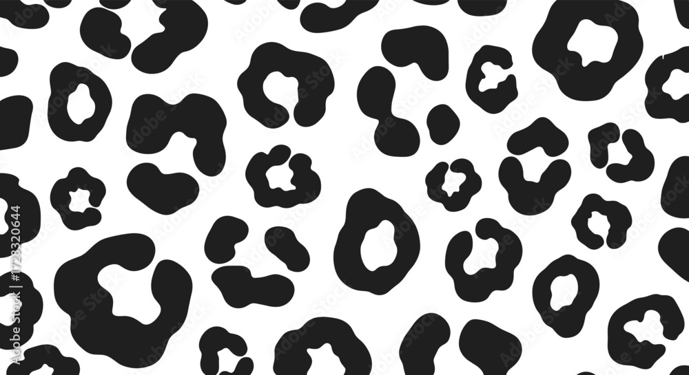 Fototapeta premium Abstract monochrome leopard print pattern featuring irregular blotches of black on a white background.
