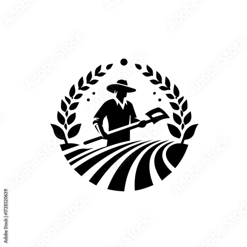 A stylized illustration depicting a farmer standing in a field with a hoe, surrounded by wheat.