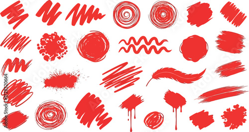 Vector art of assortment of red brush stroke elements and shapes