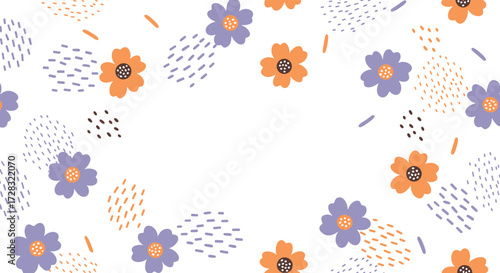 A whimsical floral pattern with scattered abstract shapes and dots.