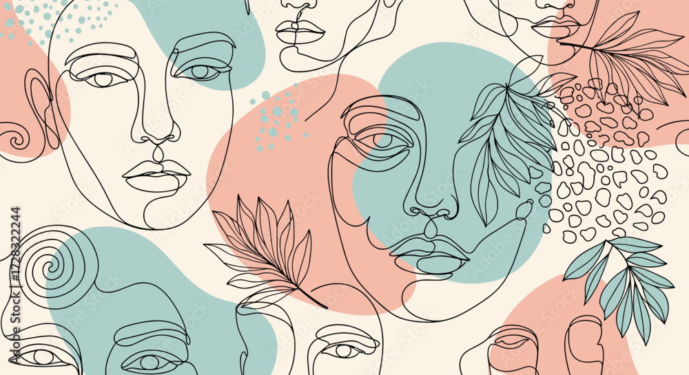 Fototapeta premium Abstract line art faces with organic shapes and botanical elements.