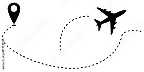 Black Silhouette of an Airplane Flight Route Tracking Icon Vector