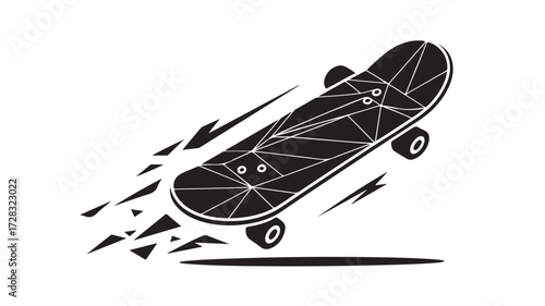 Dynamic skateboard graphic soaring with modern geometric design, perfect for urban lifestyle brands or edgy apparel, conveys speed and youthful energy in a minimalist monochrome style