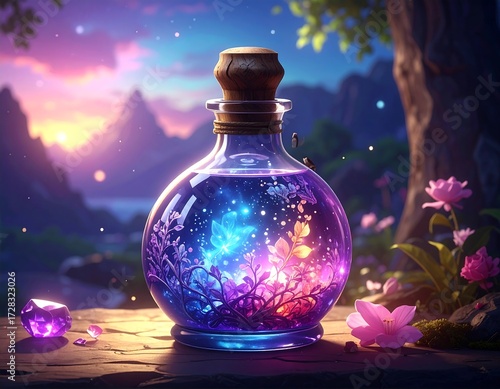 Magical potion bottle with glowing crystals in a serene landscape