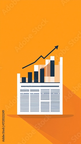 A close-up of a newspaper featuring bold headlines, with a prominent arrow graphic pointing upwards, symbolizing growth or rising news trends.