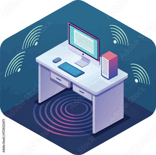 Isometric Smart Desk with Computer, Server, and Wireless Connection Signals
