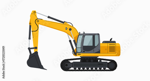A yellow excavator with a black bucket and tracks, isolated on a white background, showcasing its construction machinery design.