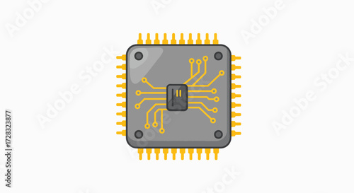 Illustration of a computer processor chip, a central processing unit, with golden pins.