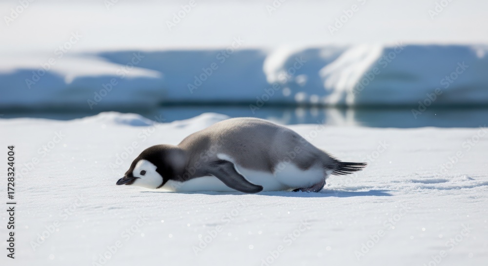Fototapeta premium A penguin lies on its side in the snow with its head down, against a backdrop of icy chunks and water.