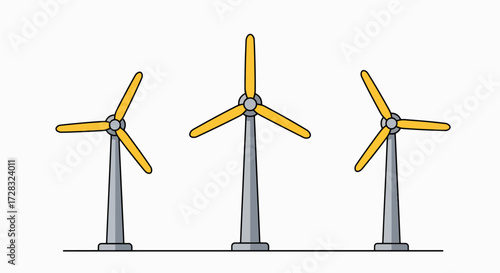 Three wind turbines with yellow blades stand on a flat surface, illustrating renewable energy generation.