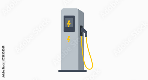 A modern electric vehicle charging station with a yellow charging cable and a lightning bolt symbol indicating power.