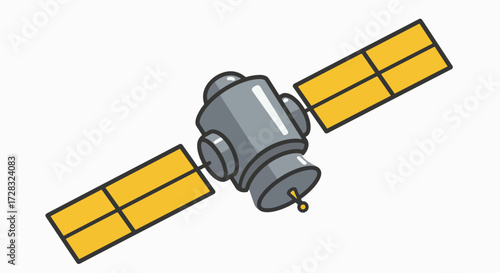 A simple cartoon illustration of an artificial satellite with large yellow solar panels, isolated on a white background.