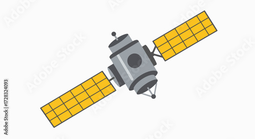 A stylized illustration of a satellite with two large solar panels extending from its sides against a white background.