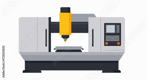 Flat vector illustration of a modern CNC milling machine with a yellow spindle and a grey workpiece on a white background, representing industrial automation.
