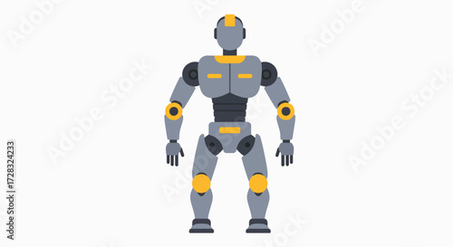 A futuristic humanoid robot with a gray and yellow metallic body standing on a white background.