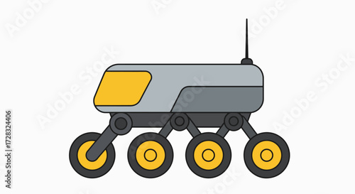 A futuristic six-wheeled rover with a yellow window and antenna, designed for exploration.