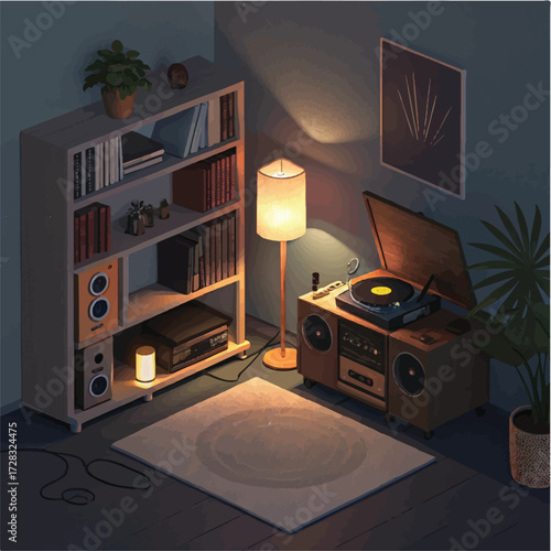 Cozy Living Room with Vinyl Record Player and Bookshelf