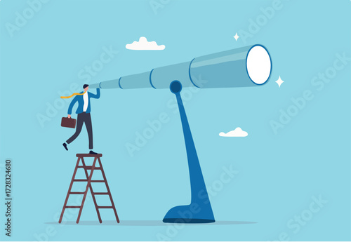 Long term plan or business strategy for far future, looking for opportunity, forecast and visionary, discover long term goal concept, businessman looking through oversized long telescope to see future