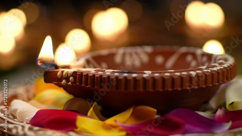 Closeup of a lit diya with colorful flower petals.