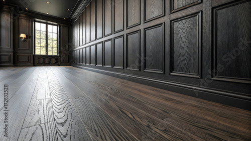 Elegant dark wood paneled interior room with sophisticated wainscoting, hardwood floors, and classic architectural details creating luxurious traditional atmosphere.