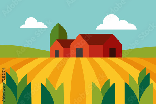 Vibrant farm scene with red barns and golden fields