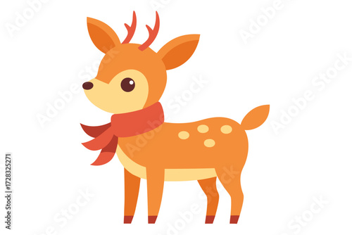 Cute cartoon deer wearing a red scarf with white background