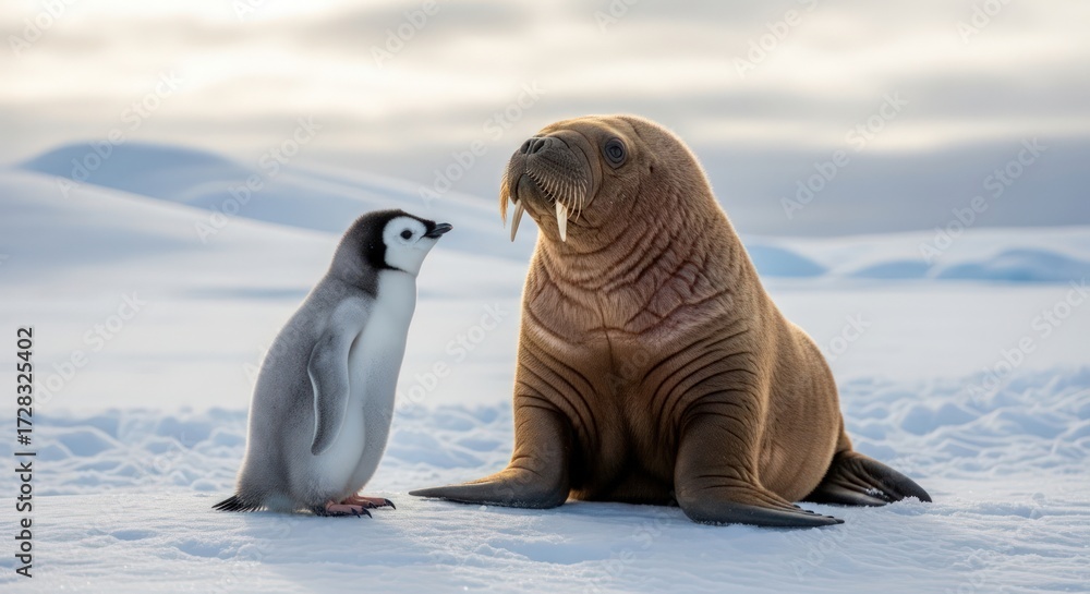 Naklejka premium A walrus and a penguin interact on snowy terrain with a cloudy sky