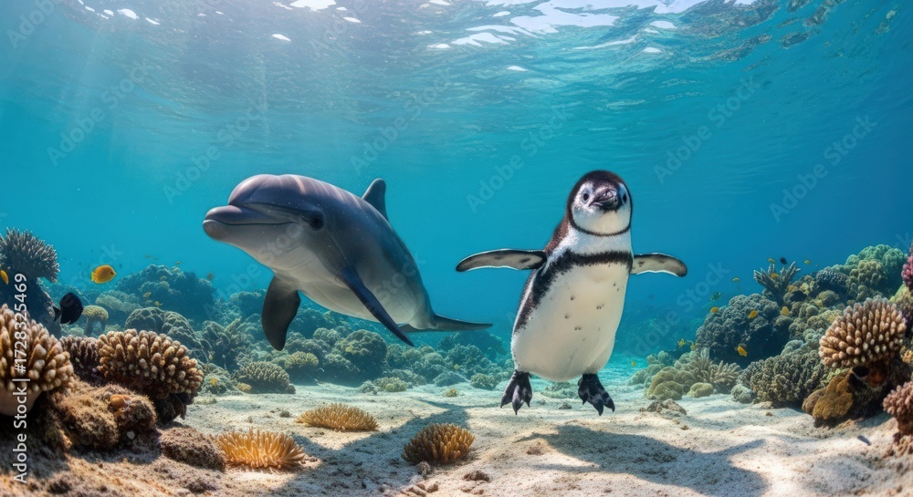 Naklejka premium Underwater scene of a dolphin and a penguin swimming together near coral reefs with a sunny ocean background.