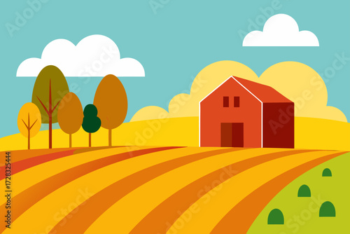 Vibrant autumn farm scene with red barn and striped fields