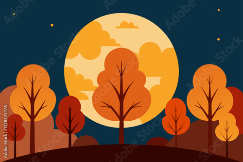 Autumn night scene with a large moon and stylized trees