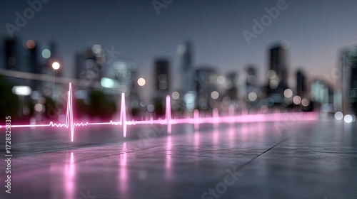 Glowing Pink Heartbeat Line Over Cityscape at Dusk on Concrete Surface Artificial Intelligence Digital Technology