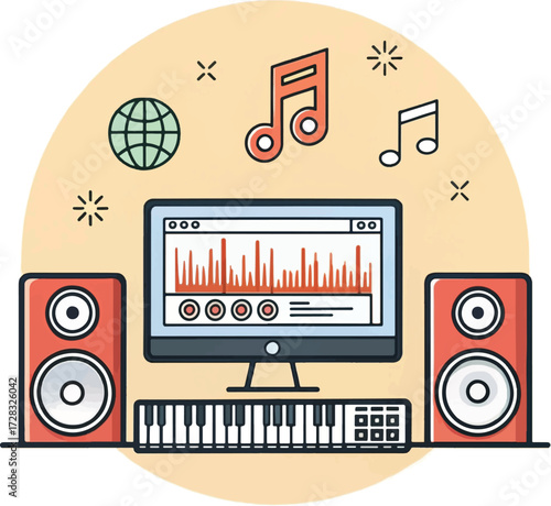 Music Production Studio Setup with Monitor, Speakers, and MIDI Keyboard
