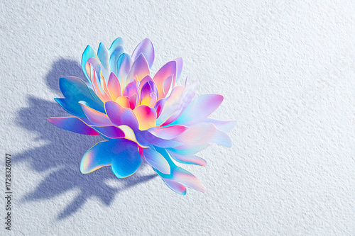 Iridescent flower with vibrant holographic petals casting a shadow on a textured background