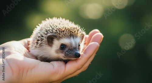 Close-up of a person's hand gently cradling a small hedgehog against a blurred green background with warm lighting.