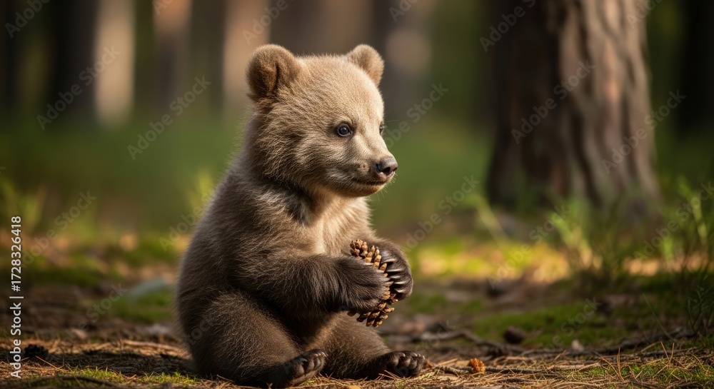 Fototapeta premium A curious brown bear cub sitting on forest floor holding a pinecone in its paws amidst trees and greenery with warm