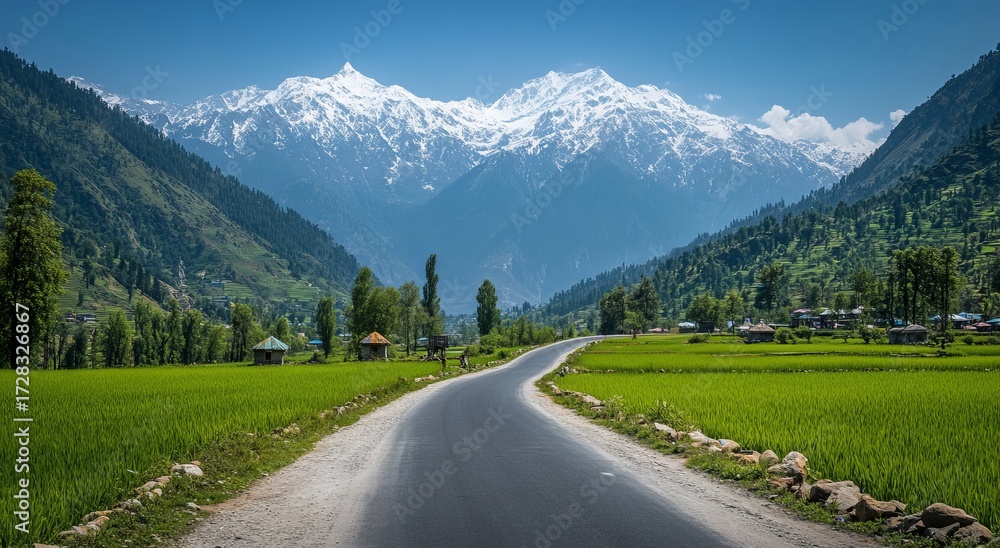Fototapeta premium Mountain road through lush valley. Snow-capped peaks