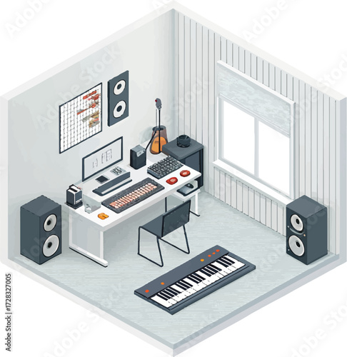 Isometric Music Studio with Computer, Guitar, and MIDI Keyboard
